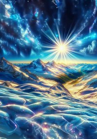 Œuvre numérique représentant un paysage vibrant avec des montagnes lumineuses, des textures tourbillonnantes bleues et blanches, et un soleil éclatant rayonnant de lumière.