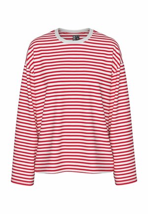 Chemise à rayures rouges et blanches à manches longues, avec un col rond et une coupe décontractée. Tissu doux avec un motif de rayures uniforme.