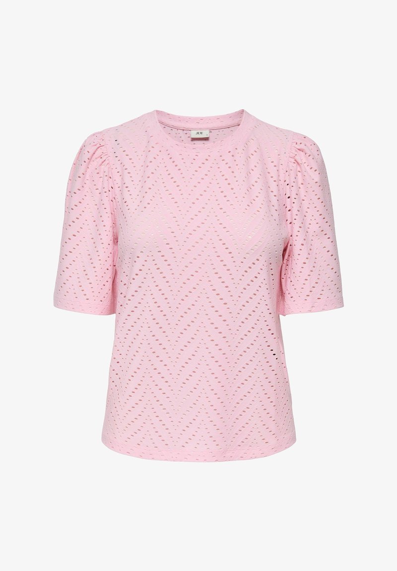 Ροζ ανοιχτό ροζ μπλούζα με κοντά μανίκια και σχέδιο chevron με τρυπήματα, ελαφρώς φουσκωτούς ώμους, στρογγυλή λαιμόκοψη και εφαρμοστή μέση.