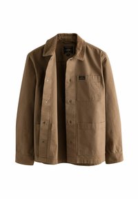 Brown cotton jacket with a corduroy collar, snap buttons, front patch pocket, and two side pockets. Smooth texture, casual design.