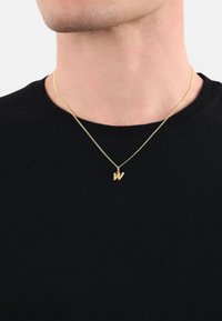 Collana con pendente in oro che presenta una "w" minuscola su una sottile catena, indossata sopra una maglietta nera a girocollo. Texture liscia con un design elegante.