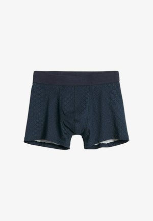 Marineblaue Boxershorts mit geometrischem Muster, weichem Stoff und einem dunklen elastischen Bund. Verfügt über einen konturierten Beutel für eine perfekte Passform.