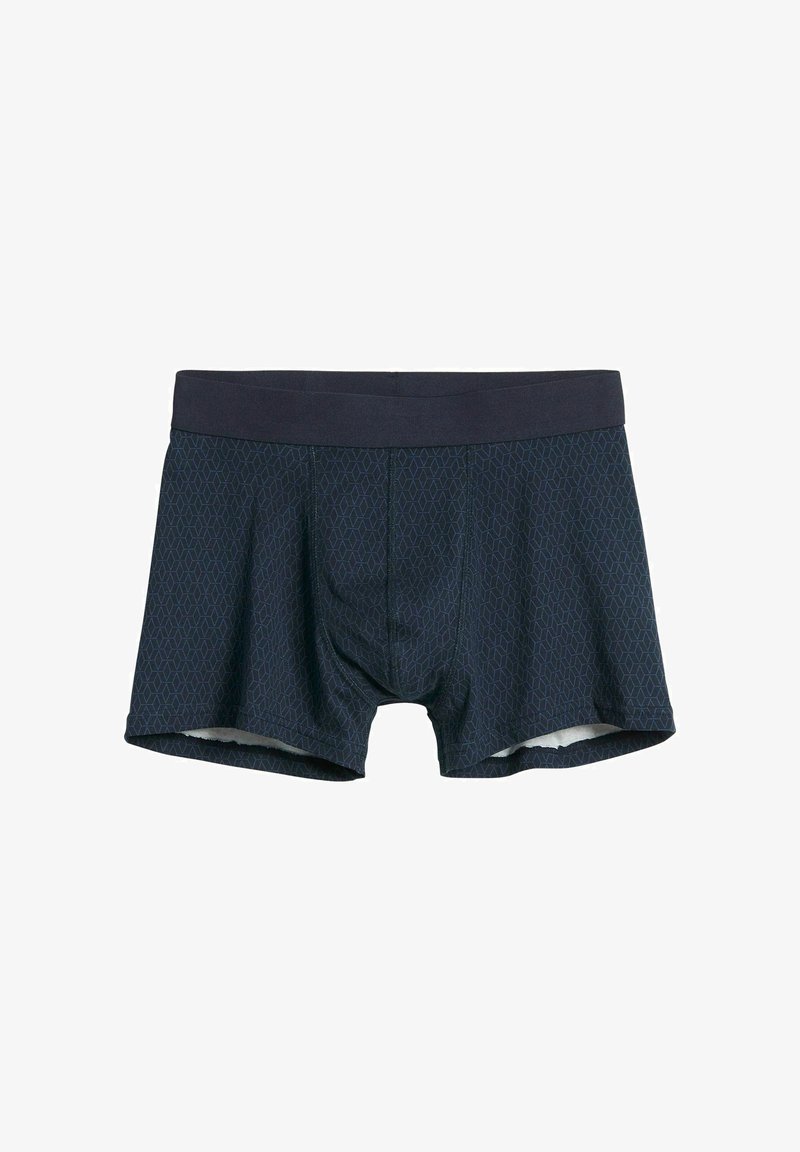 Navy boxer shorts with a geometric pattern, soft fabric, and a dark elastic waistband. Features a contoured pouch for fit.