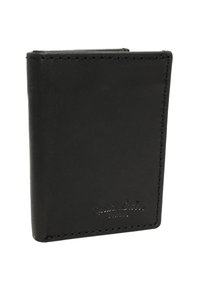 Schwarze Lederbörse mit genähten Kanten, polierter Oberfläche und geprägtem Logo auf der Unterseite. Kompakte rechteckige Form, minimalistisches Design.