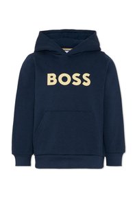Felpa con cappuccio di colore navy realizzata in un tessuto misto cotone. Presenta una tasca a marsupio e un grande logo beige "BOSS" sulla parte anteriore. Texture liscia.