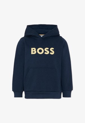 Felpa con cappuccio di colore navy realizzata in un tessuto misto cotone. Presenta una tasca a marsupio e un grande logo beige "BOSS" sulla parte anteriore. Texture liscia.