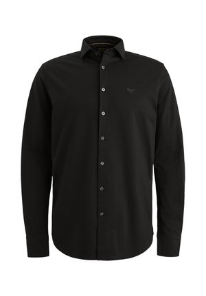 Camicia nera a maniche lunghe in cotone, con colletto a punta, bottoni frontalmente e un piccolo logo ricamato sul petto.