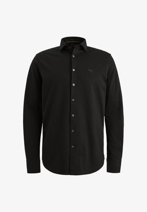 Czarna koszula z długim rękawem wykonana z bawełny, z kołnierzykiem zapinanym na guziki, z guzikami z przodu oraz małym haftowanym logo na klatce piersiowej.