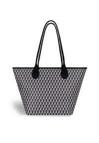 Tote taske med et geometrisk mønster i grå, sort og hvid, med sorte håndtag og teksturerede accenter i enderne.