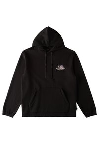 Schwarzer Hoodie aus Baumwollmischgewebe, mit einer Fronttasche, verstellbarem Kordelzug und einem kleinen Grafikdesign im Brustbereich.
