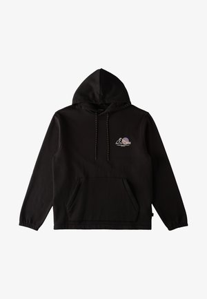 Sudadera negra hecha de una mezcla de algodón, con un bolsillo frontal, capucha ajustable con cordón y un pequeño diseño gráfico en la zona del pecho.
