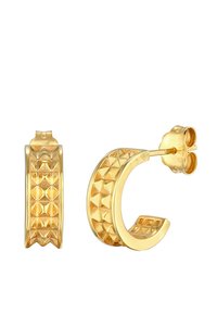 Boucles d'oreilles en or en forme de créole avec un motif géométrique texturé. Présentent une finition polie et un fermoir à tige sécurisé. Mesurent une taille moyenne.