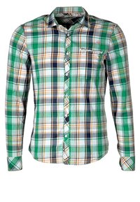 Camisa de cuadros verde y blanca con detalles en naranja y azul marino. Cuenta con cuello abotonado y un bolsillo en el pecho. Mangas largas con puños abotonados.