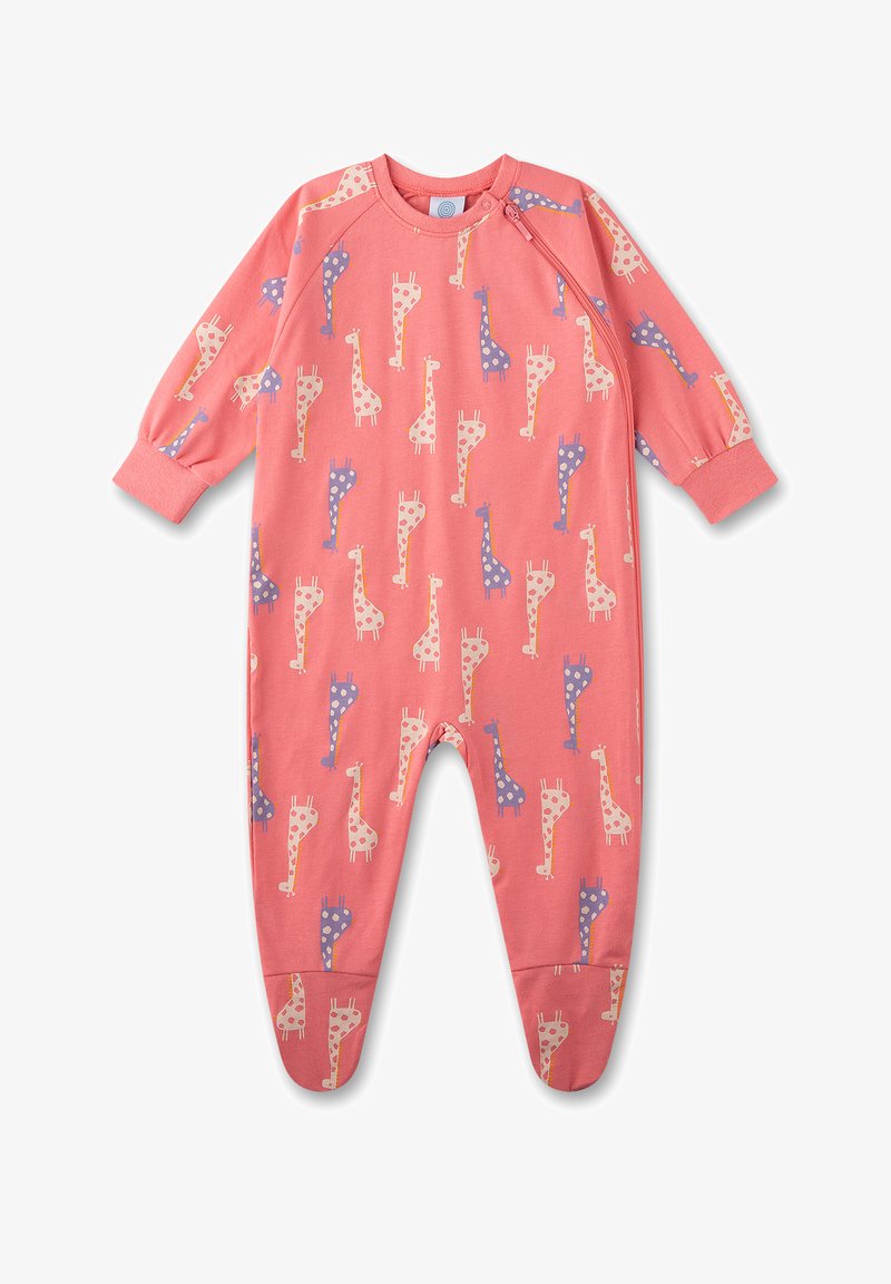 Tutina rosa realizzata in morbido tessuto, con un motivo di giraffe colorate e pois. Include maniche lunghe e gambe con piedini.