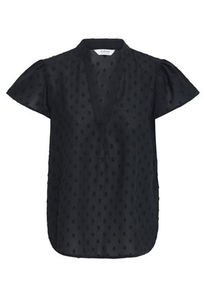 Schwarze kurzärmelige Bluse mit strukturierten Polka-Punkten, V-Ausschnitt und leicht aufgepufften Ärmeln aus leichtem, transparentem Stoff.