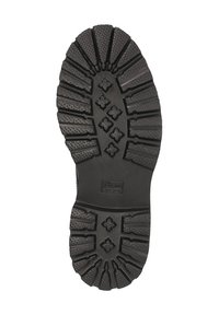Semelle de chaussure en caoutchouc noir avec des motifs de bande de roulement profonds et des surfaces texturées pour une adhérence optimale. Comprend un logo près de la zone du talon.