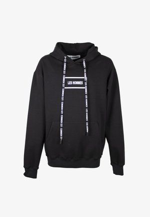 Felpa nera con cappuccio e tasca a marsupio frontale, testo bianco "LES HOMMES" sul petto e coulisse abbinate con marchio.