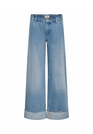 Jean en denim bleu clair à jambes larges avec ourlets retroussés et fermeture par bouton à la taille.