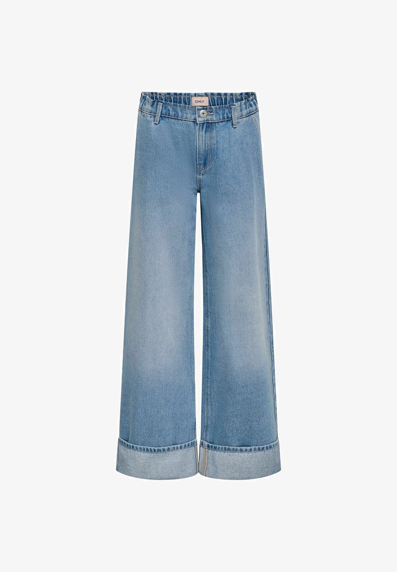Jean en denim bleu clair à jambes larges avec ourlets retroussés et fermeture par bouton à la taille.