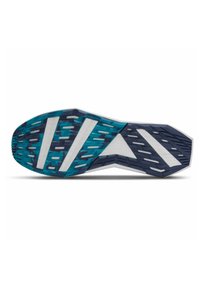 Schuhsohle mit einem navyblauen und weißen Farbschema, strukturiertem Gummi für Traktion und einem geometrischen Muster für Grip, verziert mit türkisfarbenen Akzenten.