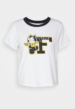 T-shirt blanc court avec col noir présentant un dessin de chat cartoon en jaune et noir, accompagné du texte "FELIX" et d'une grande lettre "F".