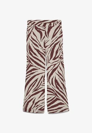 Pantalon à jambes larges avec motif zèbre marron et beige, taille haute et ceinture lisse.