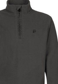 Donkergrijze fleece pullover met een half-rits kraag, voorzien van een logo op de linkerborst en een gestructureerde voorflap. Zacht, warm materiaal.