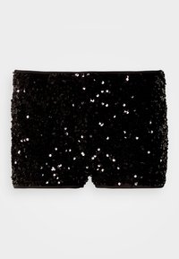 Tubo de tela negro con lentejuelas, con un escote recto, cubierto completamente de pequeñas lentejuelas negras brillantes sobre un fondo liso.