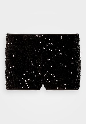 Top tube di tessuto nero con paillettes, caratterizzato da un scollo dritto, completamente ricoperto di piccole paillettes nere lucide su uno sfondo uniforme.