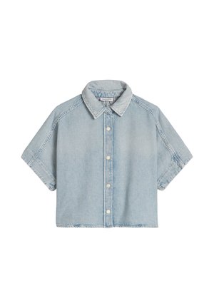 Light blue cropped denim shirt with short sleeves, button front, and classic collar.