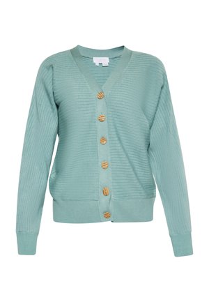 Világos türkiz színű, bordázott kardigán V-nyakú kialakítással, fából készült gombokkal az elején, valamint hosszú ujjakkal, amelyek bordázott mandzsettába végződnek.