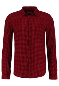 Camicia a maniche lunghe a quadri rossi e neri in cotone, con colletto button-down, taschino sul petto e bottoni frontali. Tessuto morbido.