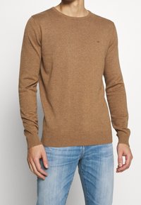 Brauner, langärmeliger Strickpullover mit Rundhalsausschnitt, geripptem Saum und Bündchen, aus weichem Material, mit einem kleinen Logo auf der Brust.