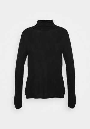 Pull noir à col roulé manches longues avec une coupe cintrée, présenté sur un fond blanc uni.