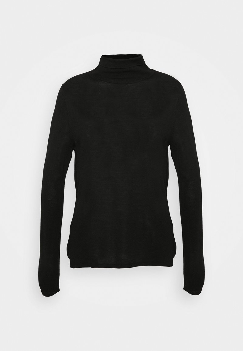 Pull noir à col roulé manches longues avec une coupe cintrée, présenté sur un fond blanc uni.