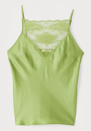 Green camisole featuring a lace trim at the neckline, adjustable spaghetti straps, and a smooth satin finish.