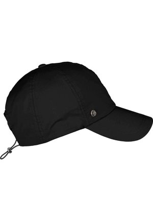Cappellino nero con visiera rigida, realizzato in tessuto leggero. Presenta un design cucito e un cordino regolabile sul retro. Accento con logo argento.