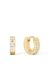 Zelta riņķa auskari ar pieciem apļveida caurspīdīgiem kristāliem, kas izvietoti rindā. Gluda metāla apdare ar eņģu aizdari drošai valkāšanai.