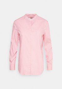Camicia a maniche lunghe a righe verticali rosse e bianche con colletto alla coreana e bottoni frontali nascosti.