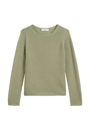 Light green long-sleeve sweater made from textured knit fabric, featuring a crew neckline and a relaxed fit. Minimalist design with no patterns.