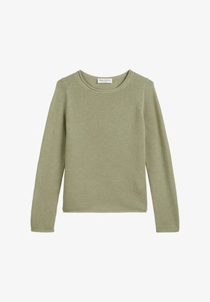 Hellgrüner, langärmeliger Pullover aus strukturiertem Strickstoff, mit Rundhalsausschnitt und lockerer Passform. Minimalistisches Design ohne Muster.