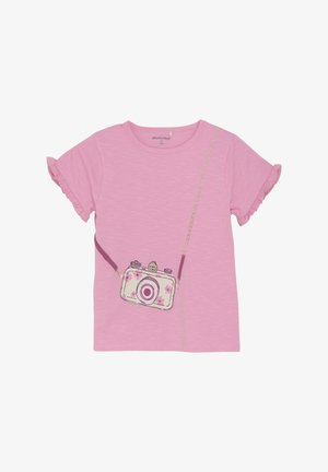 Rosa kortärmad t-shirt med volangärmar, med en tryckt kameradesign med blommotiv och en kontrasterande kedja.