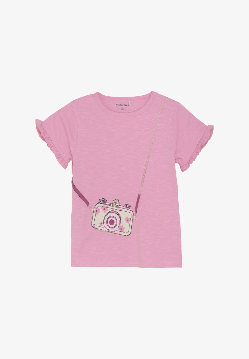 Lyserød kortærmet t-shirt med flæser på ærmerne, der har et trykt kameradesign med blomsterakcenter og en kontrastfarvet kæde.