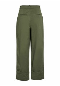 Õliverohelised laiade säärega püksid, sileda tekstuuriga, millel on kõrge vöökoht, voltideleht ja kaks tagataskut sobiva äärisega.