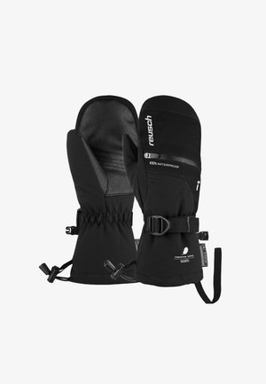 Black waterproof mittens made of fabric with a leather palm. Features adjustable wrist straps and elastic cuffs for a secure fit.