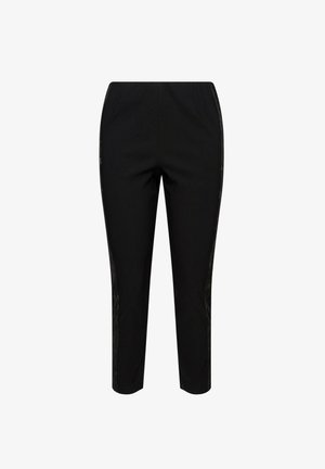 Schwarze Hose mit elastischem Bund, schmalem Bein und Spitzenakzenten an den Seiten, mit glatter Textur und lässigem Design.