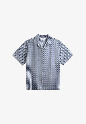 Camicia a maniche corte con bottoni, motivo a diamanti blu e bianchi e piccolo logo ricamato sul petto.