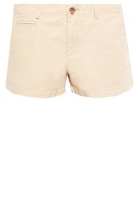 Short beige femme avec bouton devant, passants de ceinture, poches latérales et petite poche passepoilée à l’arrière, en tissu uni.
