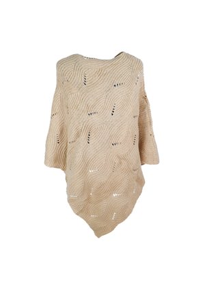 Poncho lavorato a maglia beige con una vestibilità ampia, caratterizzato da un intricato motivo a onde e un design a trama aperta, rifinito con maniche larghe e un orlo arrotondato.