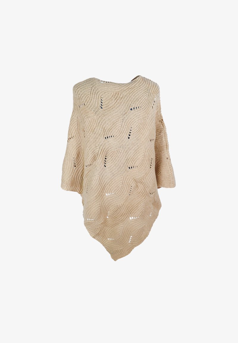 Poncho lavorato a maglia beige con una vestibilità ampia, caratterizzato da un intricato motivo a onde e un design a trama aperta, rifinito con maniche larghe e un orlo arrotondato.